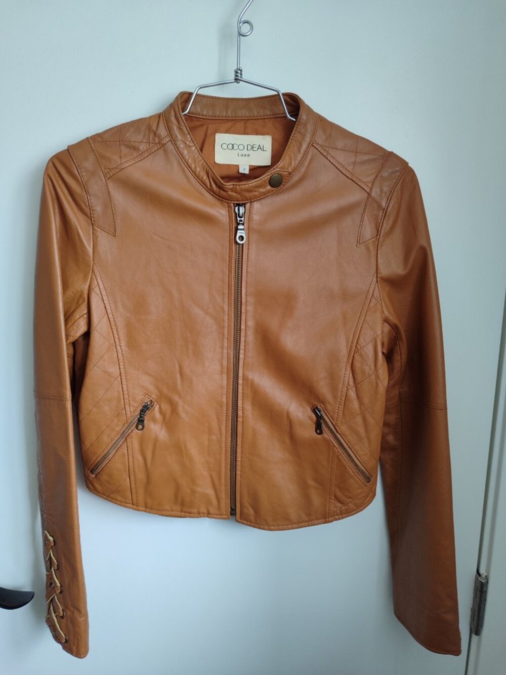 EUC Japan Genuine Lambskin Leather Jacket Quilted Lace-up Cognac Warm Caramel XS